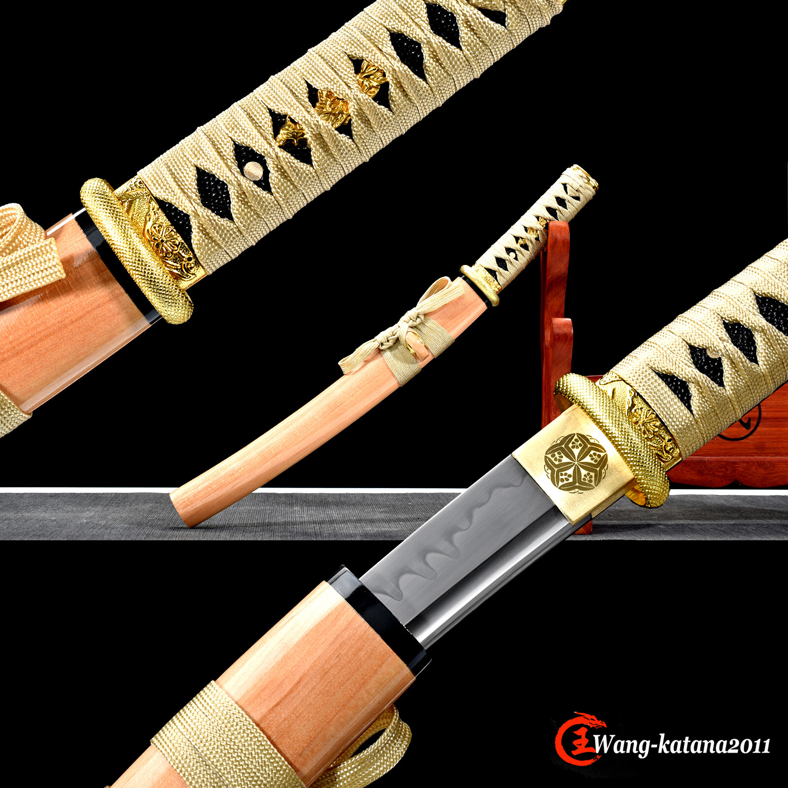 20-Inch Golden Japanese Samurai Tanto Short Sword - T10 Clay Tempered Mini Katana Knife