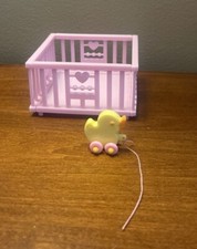 Vintage My Little Pony G1   PINK Playpen Crib   Pull Duck Toy