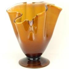 Handblown Free Form Ruffle Amber Art Glass Footed Vase 