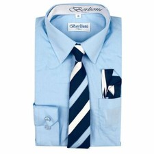BERLIONI ITALY KIDS BOYS DRESS SHIRT LONG SLEEVE WITH TIE  HANKY LIGHT BLUE
