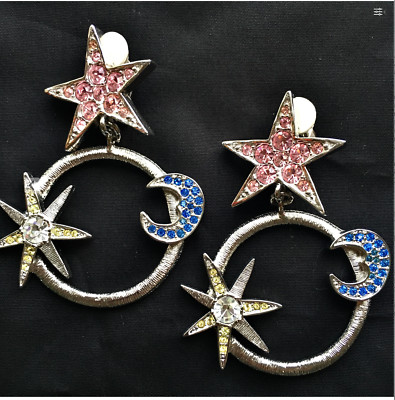 KARL LAGERFELD vintage earrings Hoop Sun Moon Stars Swarovski Signed Never Worn