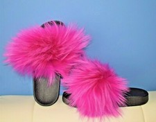 Women's Real Fur Slippers Sandals Slides Fluffy Purple indoor outdoor US 7.5