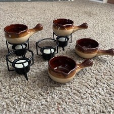 New Vintage Stoneware Butter/Sauce Warmer 4 Pots, 4 Stands & 4 Candles. Nice!