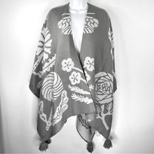 Soft Surroundings Grey Butterfly Frosted Floral Poncho One Size OS Tassels Wrap