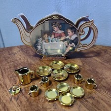 Vintage Miniature 14 PC Toy Tea Set in Tea Pot Shaped Box PUSSY TO TEA Shackman