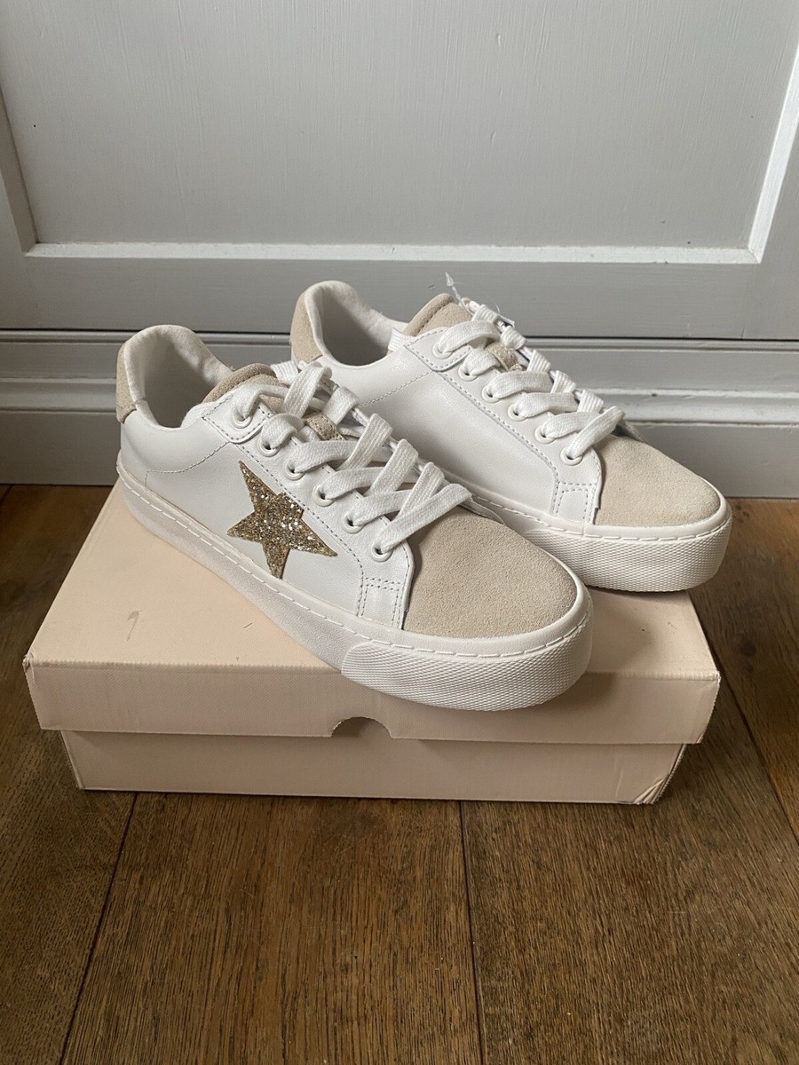 NEXT Women White Trainers Leather Gold Glitter Stars Laces Box RRP