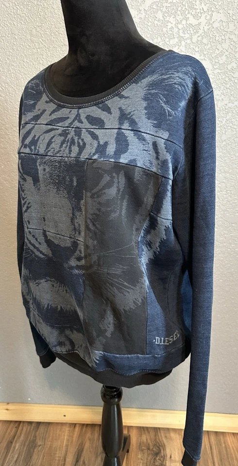 Sudadera Diesel Cabeza de León Gráfica Azul Para Mujer Grande Pullover Cuello Redondo Logo Foto 2 de 4