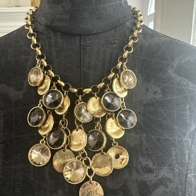 Vintage 80s Textured Gold And Rhinestone Statement Necklace 22-24 