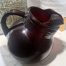 Vintage Anchor Hocking Glass Pitcher Royal Ruby Red Tilt Ball Ribbed 6" T