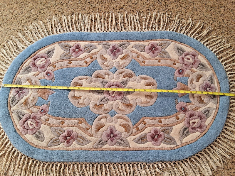 Vtg Oriental Theme Wool Rug Thick w/Fringe  41'X24" Blue /Cream/ Pinks ~ Floral