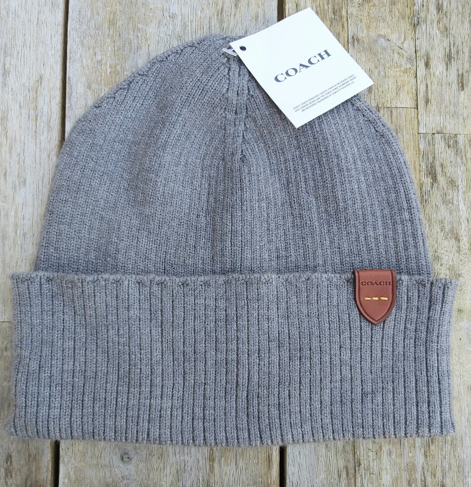 Genuine COACH LEATHER LOGO TAB Charcoal Grey Knit BEANIE Hat  Tags UNISEX