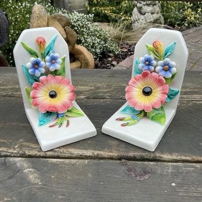 Vintage italienische Capodimonte Keramik bunte Wildblumen Design Buchstützen