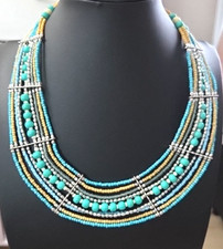 Southwestern Boho Statement Necklace Multi Strand Turquoise Tan White Seed Beads