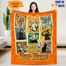 Halloween Custom Name Blanket - Retro Spooky Ghost & Skeleton Decor-Special Gift