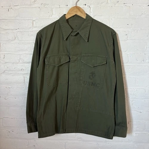 Vintage 60s USMC P56 Utility Shirt Vietnam Era Military Jacket Green Sateen 36