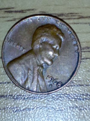 1968 D Lincoln Penny with Error on Top Rim, and 