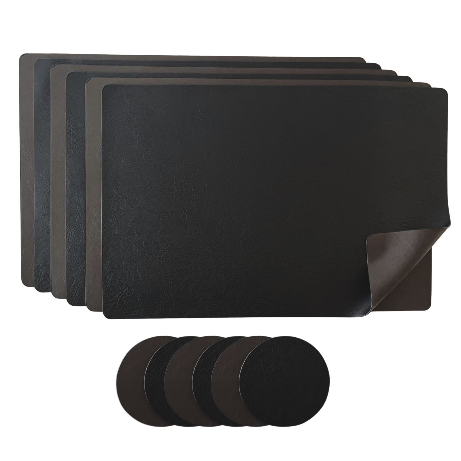 Platzset Kunstleder PU, Wendbares Tischunterlage Set abwaschbar, 6 Stück Schwarz