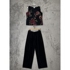 Vintage 90s Whimsigoth Dark Floral Rose Velvet Tank Top and Wide Leg Pants Set L