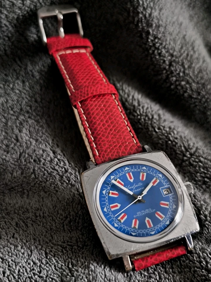 GUB Glashütte Spezimatic Kal.75 Datum  1964-79 , Blau - Rot  - Bild 3 von 4