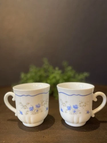 Vintage ARCOPAL France Blue & White Floral 'Romantique' Teacup or Flat Cup Set/2