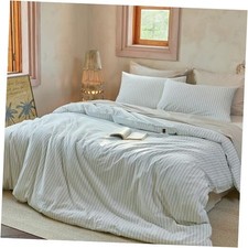 100 Washed Cotton Striped Duvet Cover Set Size 3 Queen White-sage Green