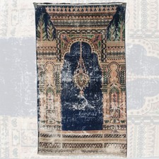 Vintage Blue Prayer Rug - 2x4 ft Handmade Wool Turkish Carpet