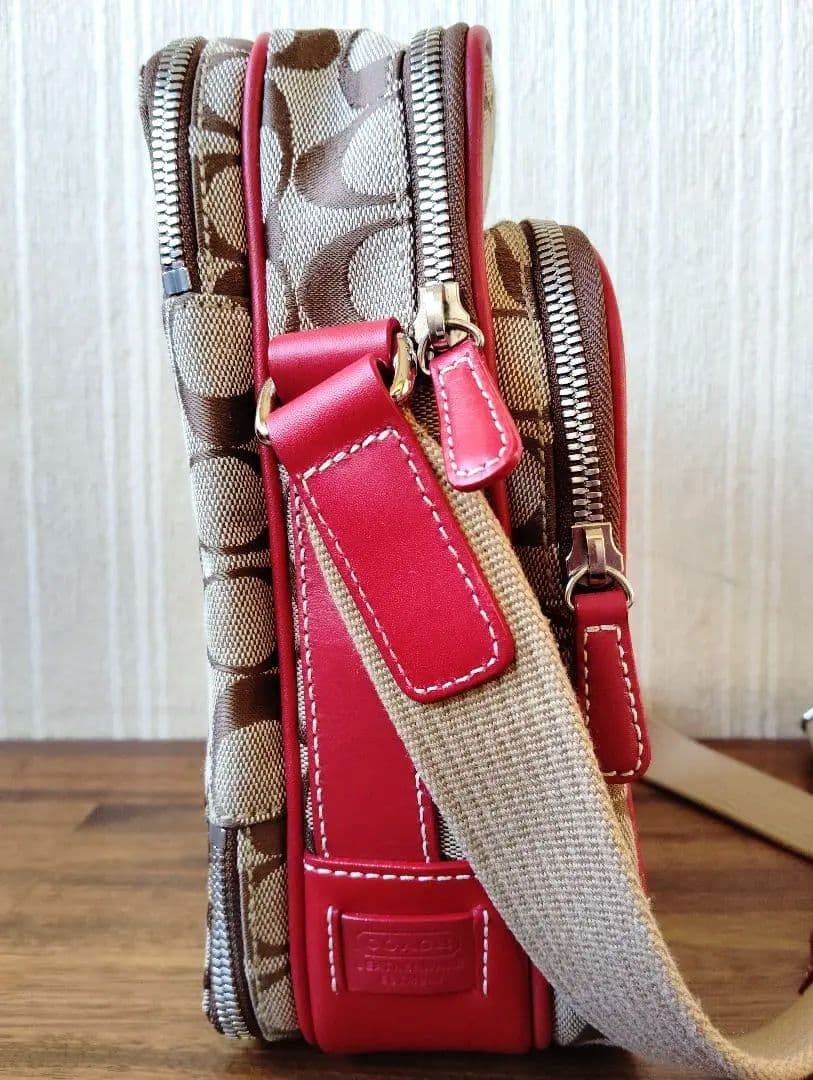 COACH Signature Canvas Red Crossbody Bag Leather Trim Women's Authentic image 5