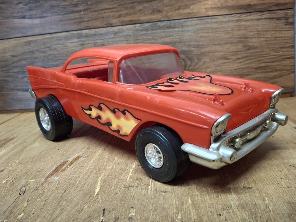 Toy Car Processed Plastics '57 Chevy Hot Rod Redish Orange Large Scale 14" Long - Image 2 of 4