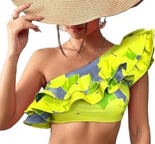 SPORLIKE Women's Swimwear Flounce One Shoulder Bikini Padded Top Size M