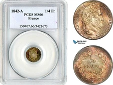 AK823, France, Louis Philippe I, 1/4 Franc 1842 A, Silver, PCGS MS66, Top Pop!