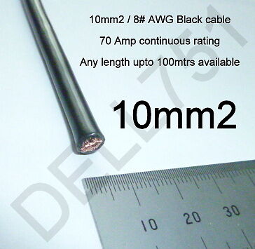 10mm2 / # 8 AWG BLACK BATTERY CABLE 70AMP 840WATTS RATED 1 mtr