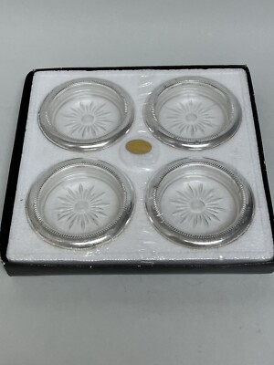 Vintage Leonard Italy Four Piece Coaster Set #840 Genuine Crystal & Silver Plate