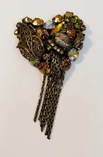 Vintage Alice Caviness AB Topaz Rhinestines Heart Brooch Chain Dangles Filigree