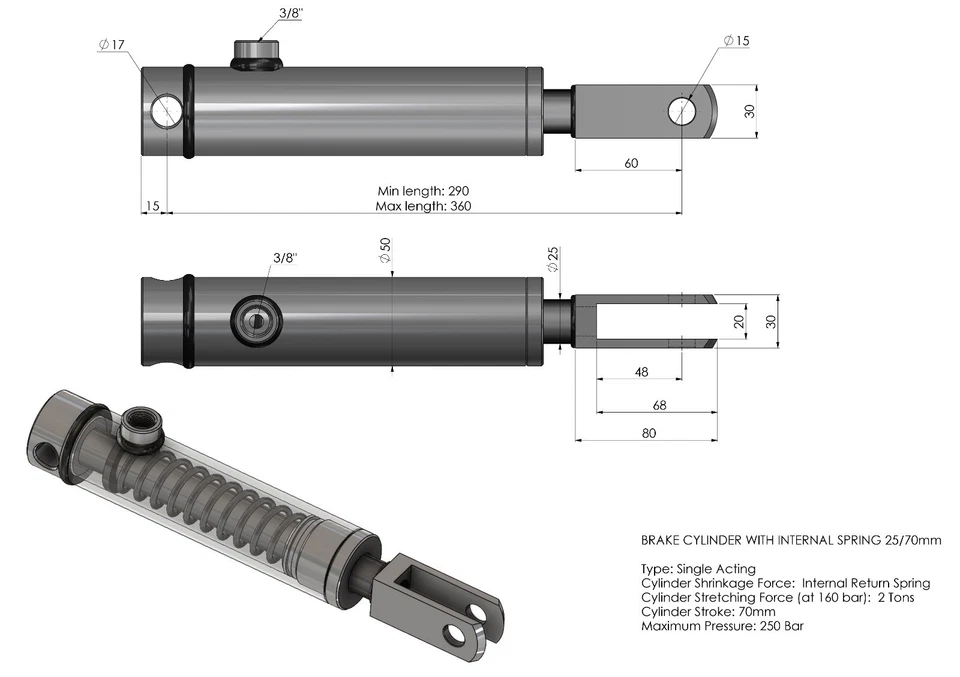 Bremszylinder mit Rückholfeder innen einfachwirkend, Hydraulikzylinder Anhänger  - Bild 3 von 4