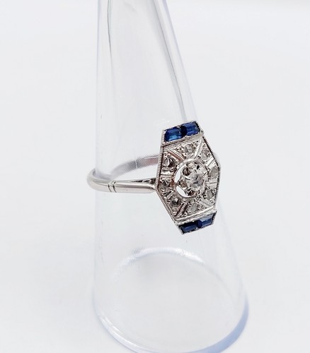 Anillo marquesa art deco oro blanco 18k diamante talla rosa zafiro calibrados... - Imagen 8 de 9