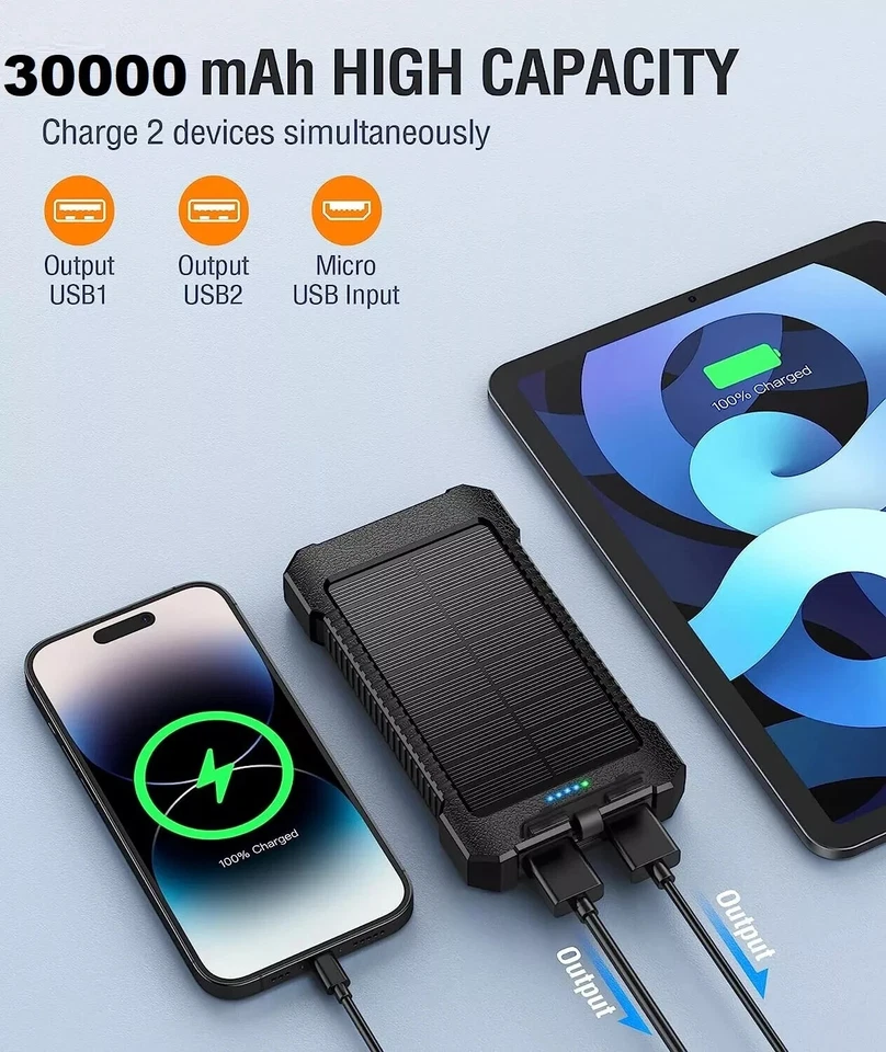 Cargador portátil USB Super 30000 mAh 2025 banco de energía solar para teléfono celular EE. UU. Foto 2 de 4