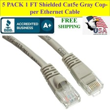 5 PACK 1 ft Cat5e Gray Shielded Ethernet Patch Cable RJ45 Gold Connectors 24 AWG