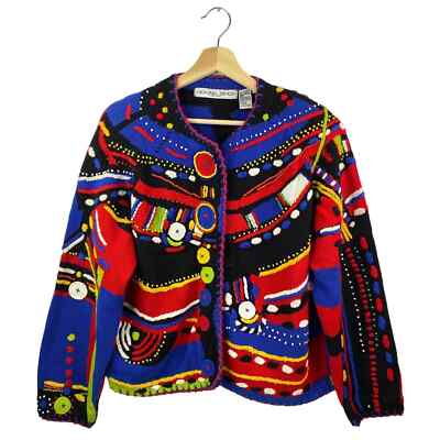 Michael Simon VTG Art AOP Sweater Cardigan Colorful Tassel Beaded Sequin OSFA