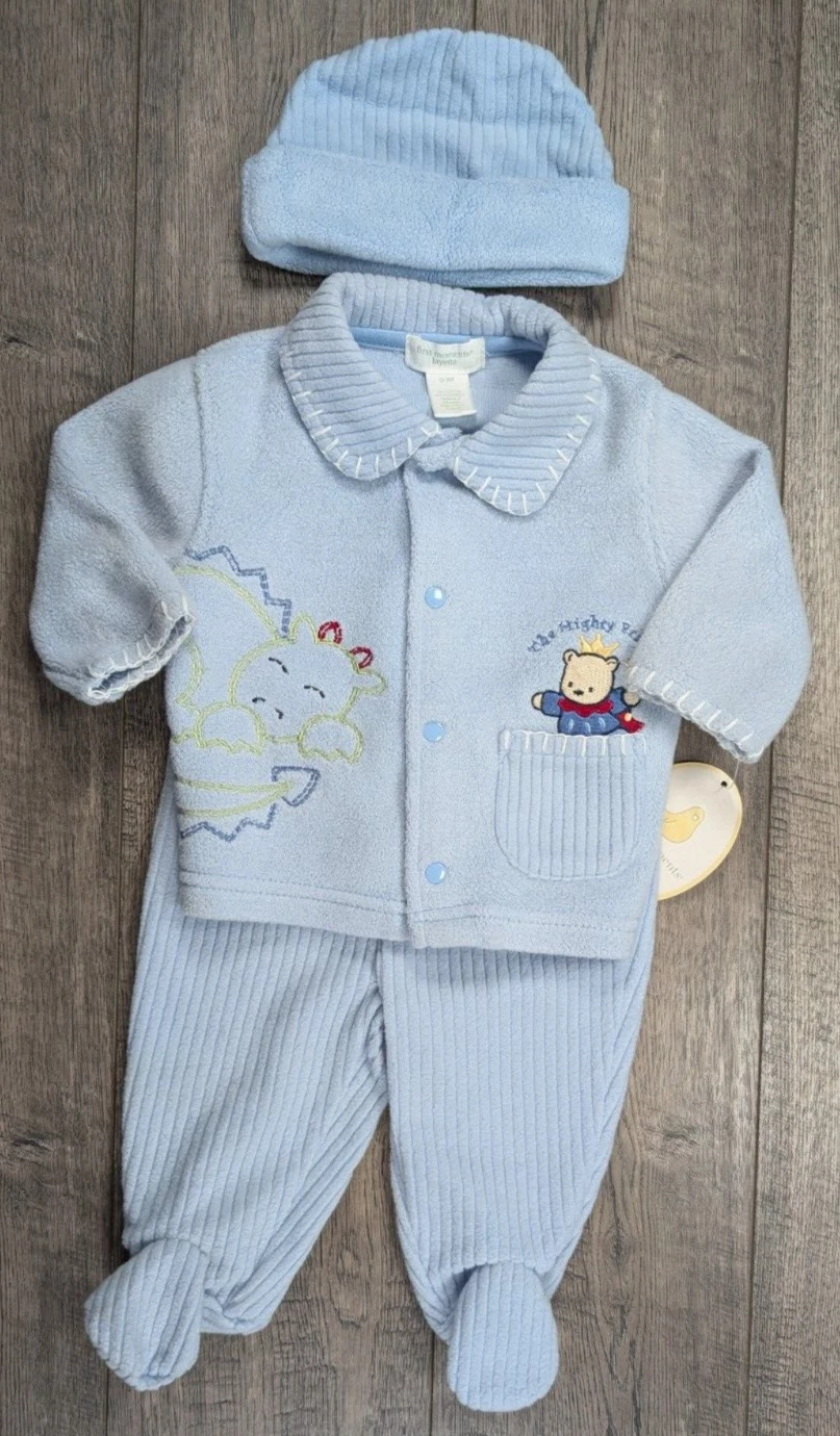 Baby Boy Clothes New First Moments 0-3 Month 3pc Mighty Prince Footed Outfit