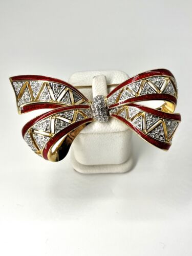 Erwin Pearl Rhinestone Bow Brooch Red Enamel Ribbon Gold-Tone FREE Shipping! - Picture 1 of 7