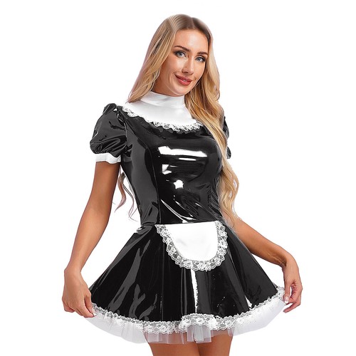 Women Dress Metallic Uniform Satin Maid Costume Anniversary Outfit Wetlook - Picture 8 of 62