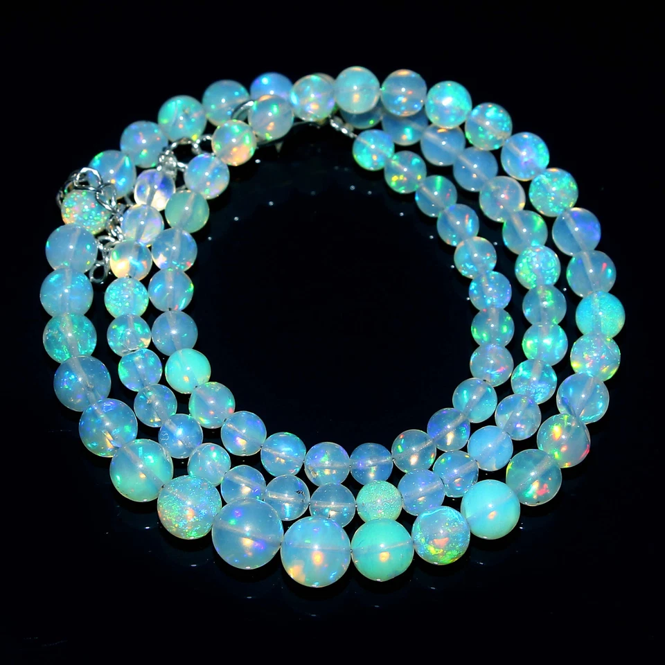 Collar de piedras preciosas con cuentas redondas bolas de ópalo de fuego Welo etíope natural 16 pulgadas Foto 3 de 3
