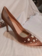 Womens Sz 11 Nine West Pink/Gold Satin Embellished Beaded Dressy High Heel Pumps