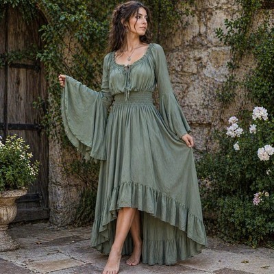 Whimsigoth Green Maxi Dress M Fairy Boho Cottagecore Renaissance Peasant |  eBay