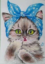 ACEO cat watercolor pencil by the author original 3,5