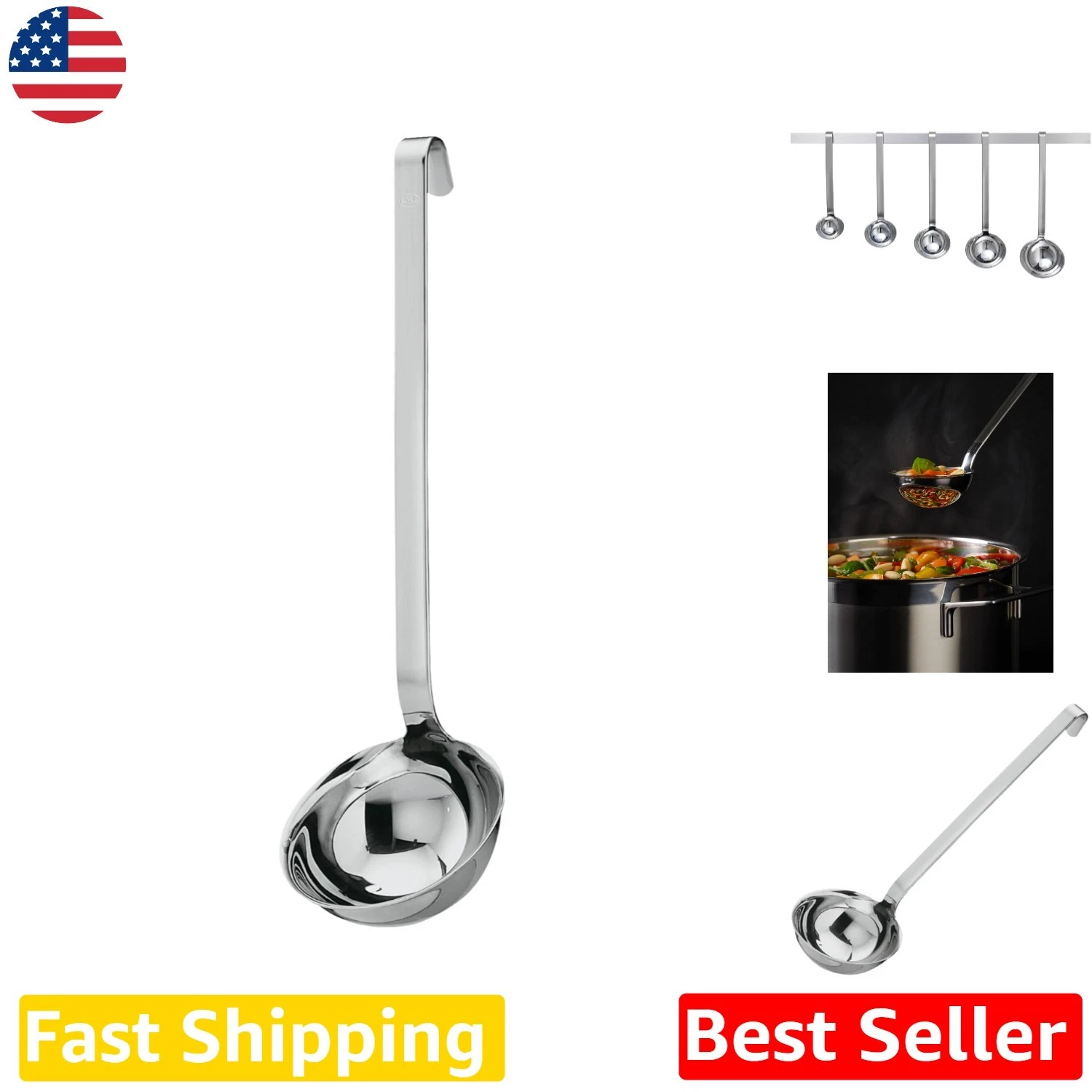 Stainless Steel Ladle, 4.1oz Pouring Rim, Hook Handle, Dishwasher Safe