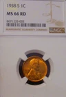1938-S  NGC MS66 RD Lincoln Wheat Cent Coin