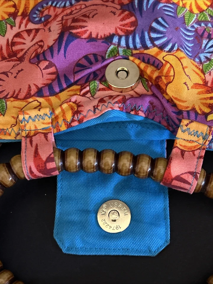 Vintage Elephant Print Folding Tote Handbag wooden like handle HandMade 14" x 9" - Image 3 of 3