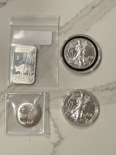 Lot of 4 Silver Bullion Pieces 1 oz Bars & Rounds Year of the Ox Walking Liberty