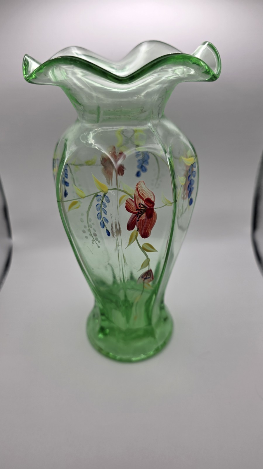 Green Glass Vase Hand Painted Floral Design Glossy Finish 6 in Decorative